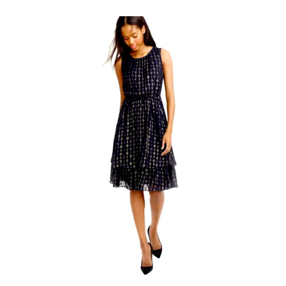 J.CREW GOLD METALLIC TEXTURED-DOT NAVY BLUE CHIFFON DRESS